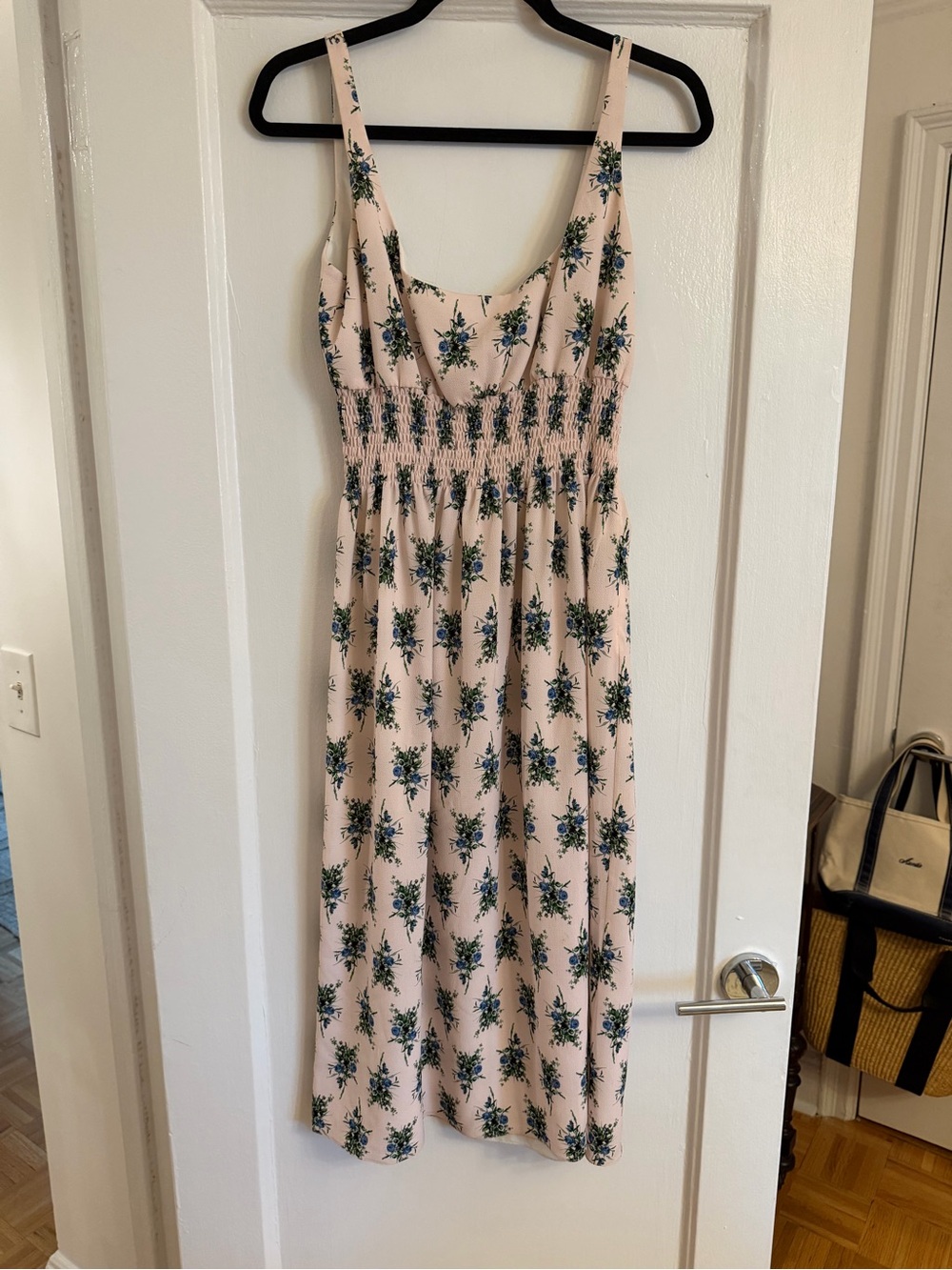 Emilia Wickstead Floral Smocked Midi Dress in Light Pink